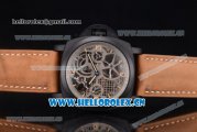Panerai Luminor 1950 Tourbillon GMT Asia 6497 Manual Winding PVD Case with Skeleton Dial Stick/Arabic Numeral Markers and Brown Leather Strap