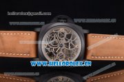 Panerai Luminor 1950 Tourbillon GMT Asia 6497 Manual Winding PVD Case with Skeleton Dial Stick/Arabic Numeral Markers and Brown Leather Strap