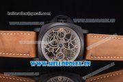 Panerai Luminor 1950 Tourbillon GMT Asia 6497 Manual Winding PVD Case with Skeleton Dial Stick/Arabic Numeral Markers and Brown Leather Strap