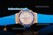 Hublot Big Bang Chronograph Quartz Movement White Dial with Blue Diamond Bezel and Blue Rubber Strap-Lady Size