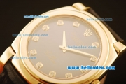 Rolex Cellini Swiss Quartz Yellow Gold Case with Brown Dial and Black Leather Strap-Diamond Markers