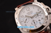Panerai Luminor Chrono Daylight PAM 188 Swiss Valjoux 7750-SHG Steel Case with White Dial and Brown Leather Strap