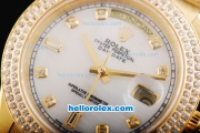 Rolex Day-Date II Automatic Movement Full Gold with Double Row Diamond Bezel-White MOP Dial and Diamond Markers