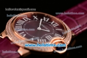 Cartier Ballon Bleu Swiss Quartz Rose Gold Case with Burgundy Leather Strap Diamond Bezel and Burgundy Dial