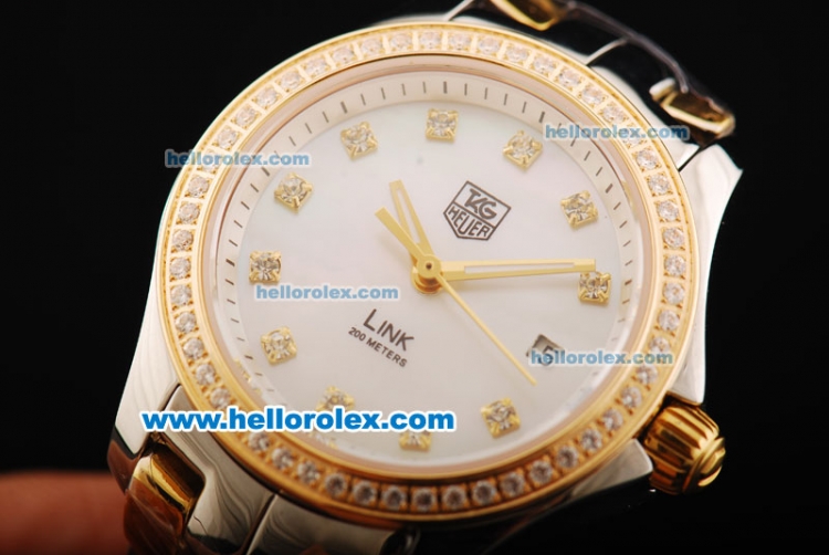 Tag Heuer Link 200 Meters Swiss Quartz Movement White MOP Dial with Diamond Markers/Bezel and Two Tone Strap - Click Image to Close