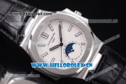 Patek Philippe Nautilus Miyota 9015 Automatic Steel Case with White Dial Stick Markers and Black Leather Strap