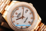 Rolex Day Date II Automatic Movement Full Rose Gold with Double Row Diamond Bezel-Diamond Markers and White MOP Dial