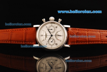 Patek Philippe Chronograph Swiss Valjoux 7750 Manual Winding Movement Steel Case with White Dial and Brown Leather Strap