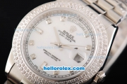 Rolex Day Date II Automatic Movement Full Steel with Double Row Diamond Bezel with Diamond Markers and White MOP Dial