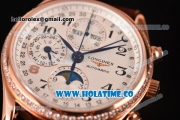 Longines Master Moonphase Chrono Swiss Valjoux 7751 Automatic Rose Gold Case with Diamonds Bezel Arabic Numeral Markers and White Dial - 1:1 Original