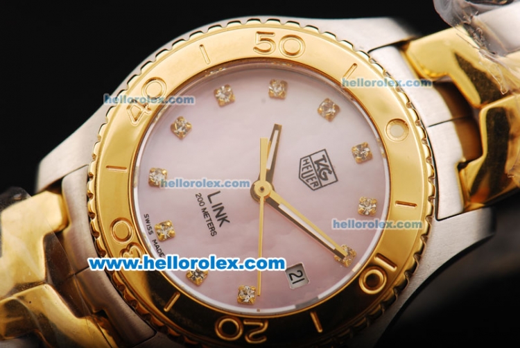 Tag Heuer Link 200 Meters Original Swiss Quartz Movement Pink MOP Dial with Diamond Markers and Gold Bezel - Click Image to Close