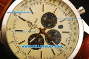 Breitling Transocean Chronograph Quartz Steel Case with White Dial and Silver Markers-Brown Leather Strap