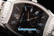 Breguet Swiss Quartz Movement Black Dial with White Rome Numeral Marker and Diamond Bezel-SS Strap