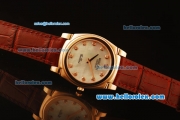 Rolex Cellini Swiss Quartz Rose Gold Case with White MOP Dial and Brown Leather Strap-Diamond Markers