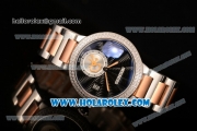 Cartier Rotonde De Miyota Quartz Two Tone Case/Bracelet with Black Dial and Diamonds Bezel