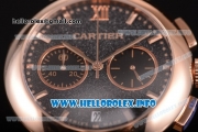 Cartier Rotonde De Chrono Miyota Quartz Rose Gold Case with Black Starry Dial and Brown Leather Strap - Stick Markers