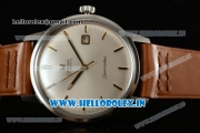 Omega Seamaster Citizen Automatic Movement Steel Case White Dial With Stick Markers Brown Leather Strap