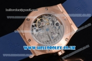 Hublot Classic Fusion Skeleton Asia Automatic Rose Gold Case with Skeleton Dial Diamonds Bezel and Blue Rubber Strap