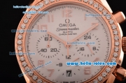 Omega Speedmaster Chrono Swiss Quartz Rose Gold Case Diamond Bezel with White Leather Strap and White Dial Numeral Markers