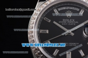 Rolex Day-Date Swiss ETA 2836 Automatic Stainless Steel Case/Bracelet with Black Dial and Stick Markers Diamonds Bezel (BP)