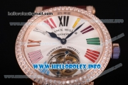 Franck Muller Color Dreams Swiss Tourbillon Manual Winding Rose Gold Case with Silver Dial Colorful Roman Numeral Markers and Diamonds Bezel (FT)