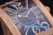 Franck Muller Long Island Swiss Quartz Rose Gold Case Diamond Bezel with Blue Leather Strap and Blue Dial