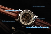 Patek Philippe Skeleton Automatic Movement Steel Case with Roman Numerals and Brown Leather Strap