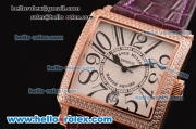 Franck Muller Master Square Swiss Quartz Rose Gold Case with Diamond bezel and Purple Leather Strap