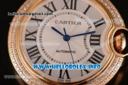 Cartier Ballon Bleu De Medium Asia 4813 Automatic Yellow Gold Case with Sliver Dial Diamonds Bezel and Grey Leather strap