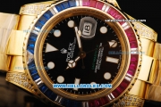 Rolex GMT Master II Swiss ETA 2836 Automatic Movement Full Gold with Colorful Diamond Bezel and White Markers