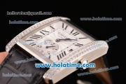 Cartier Tank MC Miyota 8245 Automatic Steel Case with Black Leather Strap White Dial and Diamond Bezel