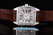 Cartier santos 100 Automatic with Diamond Bezel and White Case-White Dial-Roman Markers-Brown Leather Strap