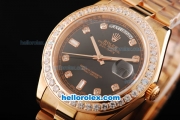 Rolex Day Date II Automatic Movement Full Rose Gold with Diamond Bezel-Diamond Markers and Black Dial