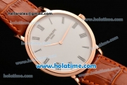 Patek Philippe Calatrava Miyota OS2035 Quartz Rose Gold Case with Roman Numeral Markers White Dial and Brown Leather Strap