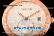 Cartier Rotonde De Miyota Quartz Rose Gold Case/Bracelet with Silver Dial and Diamonds Bezel