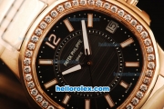 Patek Philippe Nautilus Swiss Quartz Movement Rose Gold Case and Strap with Black Dial and Diamond Bezel