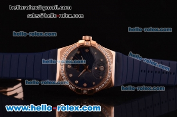 Omega Constellation Swiss ETA Quartz Rose Gold Case with Diamond Bezel and Blue Rubber Strap