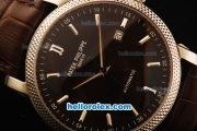 Patek Philippe Calatrava Swiss ETA 2824 Automatic Steel Case with Black Dial and Brown Leather Strap