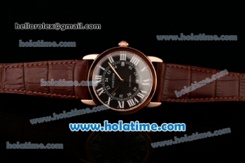 Cartier Ronde Solo Swiss ETA 2836 Automatic Rose Gold Case with Brown Leather Strap White Roman Numeral Markers and Black Dial
