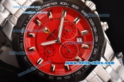 Ferrari Chrono Miyota OS20 Quartz Steel Case PVD Bezel with Steel Strap and Red Dial Stick Markers Three Subdials