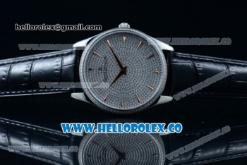 Jaeger-LECoultre Master Control Miyota 9015 Automatic Steel Case with Diamonds Dial Stick Markers and Black Leather Strap