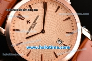 Vacheron Constantin Malte Miyota Quartz Rose Gold Case with Brown Leather Bracelet Orange Dial and Stick Markers