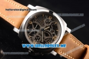 Panerai Luminor 1950 Tourbillon GMT PAM00578 Asia ST22 Manual Winding Steel Case with Skeleton Dial and Brown Leather Strap Stick/Arabic Numeral Markers