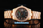 Rolex Day Date II Automatic Movement Full Rose Gold with Diamond Bezel-Diamond Markers and Black MOP Dial
