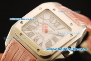 Cartier Santos 100 1:1 Original Swiss ETA 2671 Automatic Movement Silver Dial with Roman Markers and Pink Leather Strap