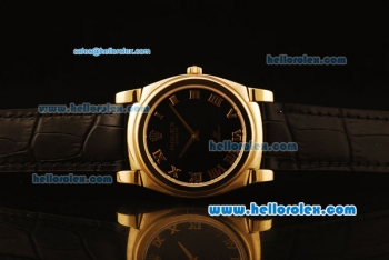 Rolex Cellini Swiss Quartz Yellow Gold Case with Black Dial and Black Leather Strap-Roman Markers