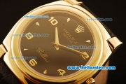 Rolex Cellini Swiss Quartz Yellow Gold Case with Black Dial and Black Leather Strap-Numeral Markers