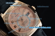 Rolex Sky-Dweller Asia 2813 Automatic Rose Gold Case with Black Leather Strap and Pink Dial Numberal Markers