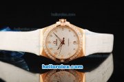 Omega Constellation Swiss ETA Quartz Rose Gold Case with Diamond Bezel and White Leather Strap Omega Constellation Swiss ETA Quartz Rose Gold Case with Diamond Bezel and White Leather Strap