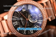 Cartier Rotonde De Miyota Quartz Rose Gold Case/Bracelet with Diamonds Bezel Black Dial and White Roman Numeral Markers